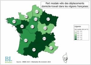 Part modale vélo des déplacements domicile-travail dans les régions françaises