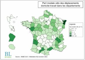 Part modale vélo des déplacements domicile-travail dans les départements