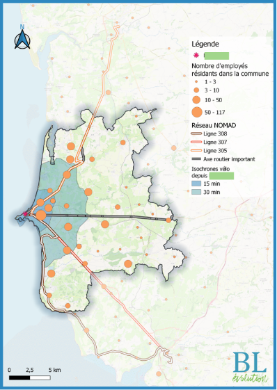 Exemple d’une cartographie de la répartition des employés sur un territoire donné – ce type de cartographie peut mettre en évidence le potentiel de covoiturage ou d’usage des lignes de transport en commun Cartographie des salariés d'une entreprise